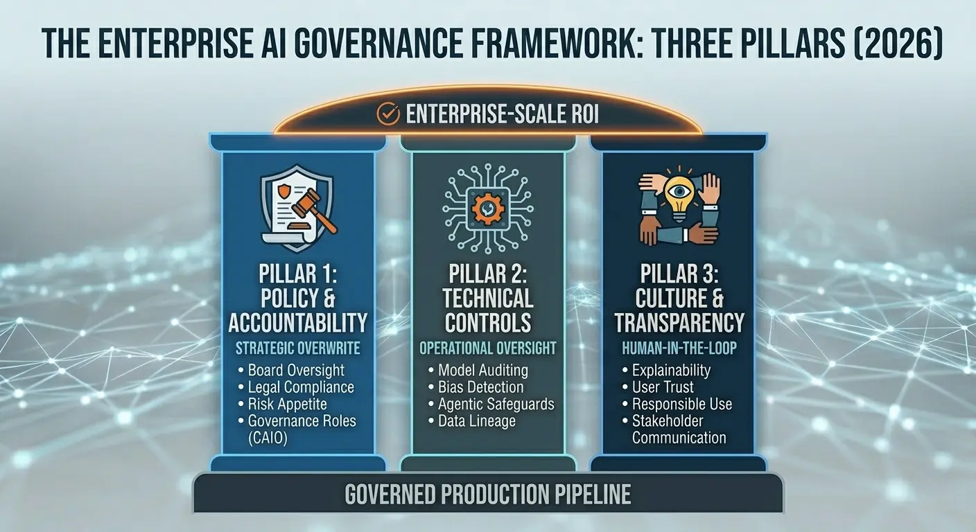 Enterprise AI governance framework showing the three pillars